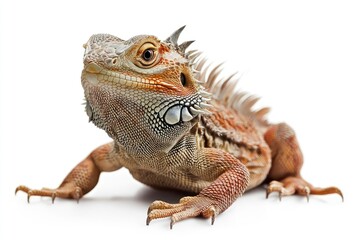 Fototapeta premium Green Iguana Posing on White Background Close-up Portrait Captive Reptile