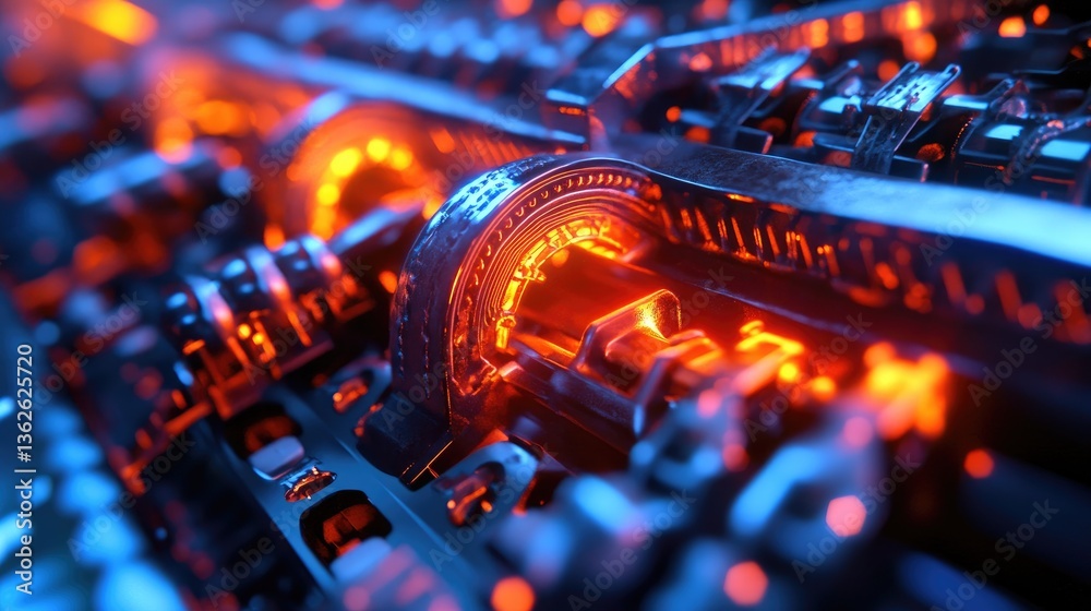 Poster cryptocurrency mining process with blockchain nodes, secure encryption keys, and decentralized finan