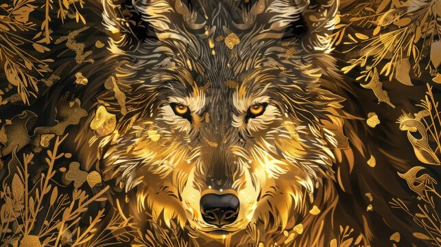 3d wolf Wallpaper Background golden art for digital printing wallpaper, mural, custom design wallpaper. AI generated illustration 