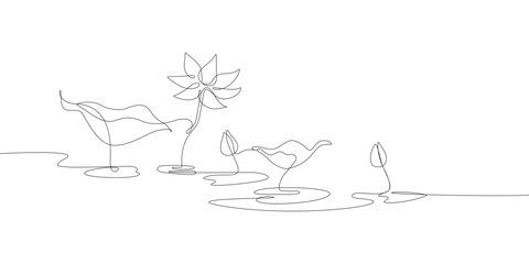 Continuous Lotus water lily blooming and leaf nature pond scenic one line drawing minimalist art
