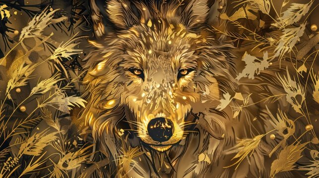 3d wolf Wallpaper Background golden art for digital printing wallpaper, mural, custom design wallpaper. AI generated illustration 