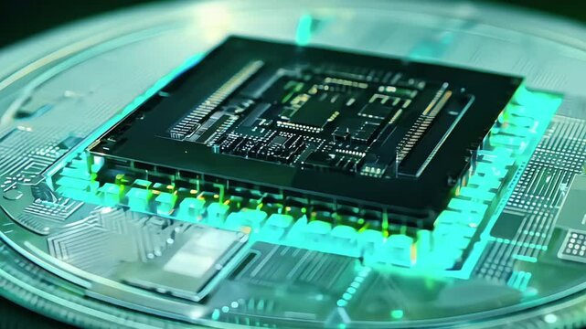 A computer chip is shown in a green light