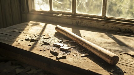 Obraz premium A broken wooden baseball bat laid out on an old wooden table with pieces of the bat scattered around, and sunlight streaming through a window