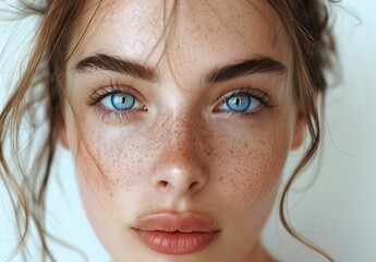 Close-up portrait of young woman with blue eyes, natural makeup, and freckles on smooth skin. Light background with sharp facial details. Concept of beauty, identity, and realism