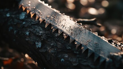 Saw blade cutting log, forest, sunlight, lumberjack