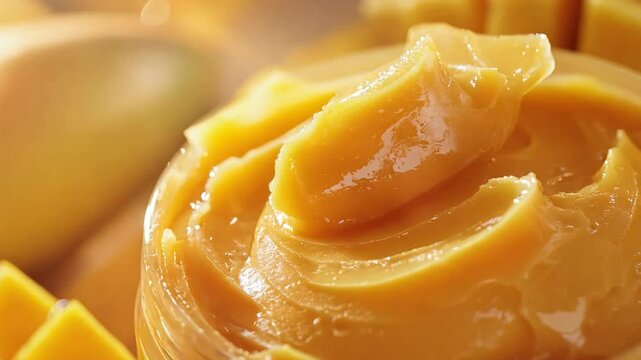A rich, golden mango butter cream in a glass jar, surrounded by fresh, ripe mango slices. The smooth and glossy texture highlights its nourishing and hydrating qualities, perfect for skincare