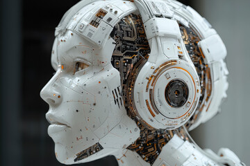A humanoid robot head displayed in a contemporary environment with detailed circuitry and stylish headphones, showcasing advanced technology