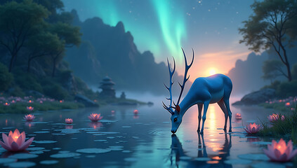 A celestial deer consuming water from the Paradise River