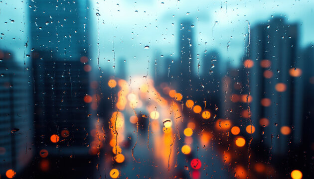rainy cityscape viewed through fogged up window, with droplets of water creating blurred effect. vibrant city lights reflect warm glow against cool tones of scene, evoking sense of calm