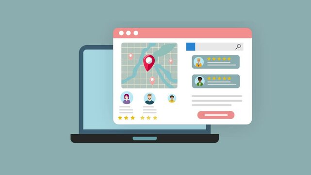 Local SEO for small businesses Based on Online customer reviews in map application . A location pin on a map with people leaving positive feedback on website page , 