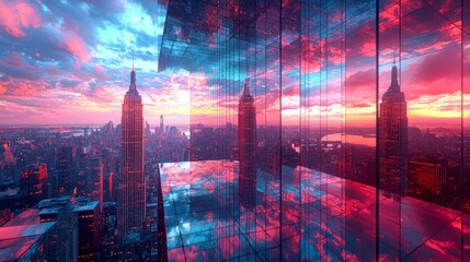 Obraz premium Vibrant Cityscape: A Stunning Sunset Reflection on Modern Skyscrapers