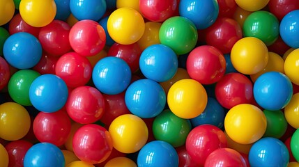 A close-up of a bright and colorful ball pit filled with plastic balls in red, blue, yellow, and green.