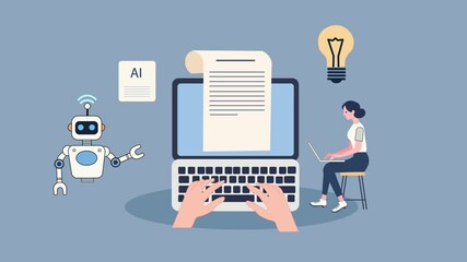 AI Assistance in Article Writing concept. Person typing on a laptop, with a visible digital AI assistant offering suggestions or guidance.