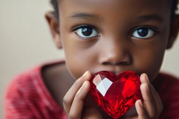Serious face cute black child boy with diamond heart in hands. Valentine's day greeting and funny gift. Cute love expression. Kid&acirc;&euro;&trade;s love moment. Baby's adorable valentine look. Red heart chi.
