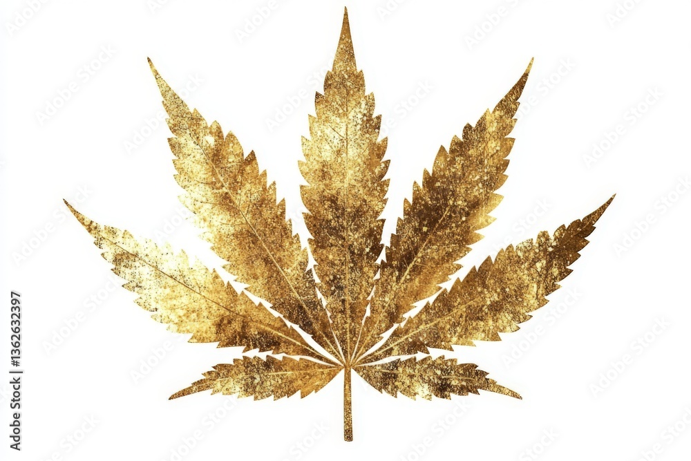Poster golden cannabis leaf on a white background displaying intricate details of the plant’s shape and tex