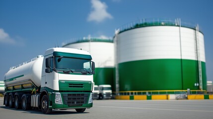 A fuel tanker truck parked at an industrial facility, showcasing modern logistics and transportation within a vibrant industrial landscape under a clear blue sky.