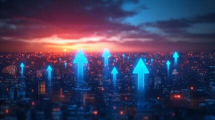 Obraz premium A futuristic cityscape at sunset, showcasing vibrant blue arrows pointing upwards, symbolizing growth and progress amidst urban development.