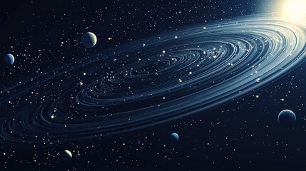 Obraz premium Stunning View of Spiral Galaxy with Rotating Planets and Twinkling Stars in Deep Space Background