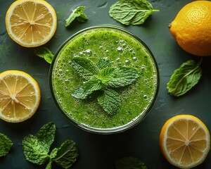 Refreshing green smoothie with mint and lemon on a textured green background