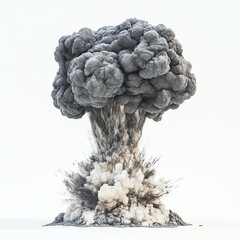 Dramatic explosion with thick smoke and debris on a white isolated background.