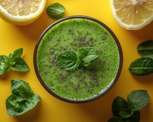 Fresh green smoothie in a bowl garnished with mint leaves and lemon slices