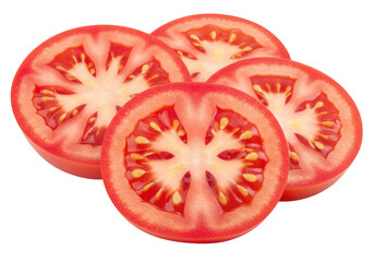 Fresh tomato slices arranged in a slightly overlapping row isolated on transparent background
