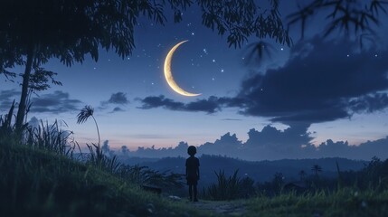 Boy under moonlight crescent gazing at a serene star-studded night landscape