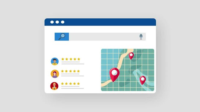 Find Local Business on Online Map Based on Customer Reviews and Rating. Local SEO For Small businesses. Digital website with Business Location and Red Pin. Regional Search Engine Design animation.