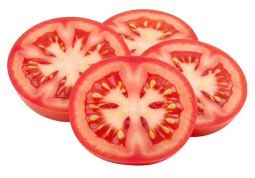 Fresh tomato slices arranged in a slightly overlapping row isolated on transparent background