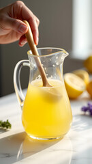 Fototapeta premium Craft lemonade preparation featuring heirloom tools and premium ingredients.