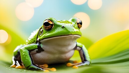 Vibrant Frog on Leaf. A vibrant green frog sits atop a large leaf, its glossy skin glistening against a soft, blurred background. The bokeh effect creates an enchanting atmosphere with hints of light 
