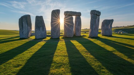 A stunning view of Stonehenge at sunset, showcasing ancient stones casting long shadows across a green landscape.