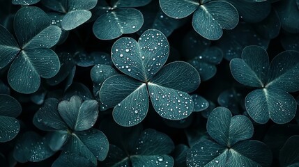 Obraz premium Clover Patch: A Serene Display of Nature's Beauty with Dewy Green Leaves