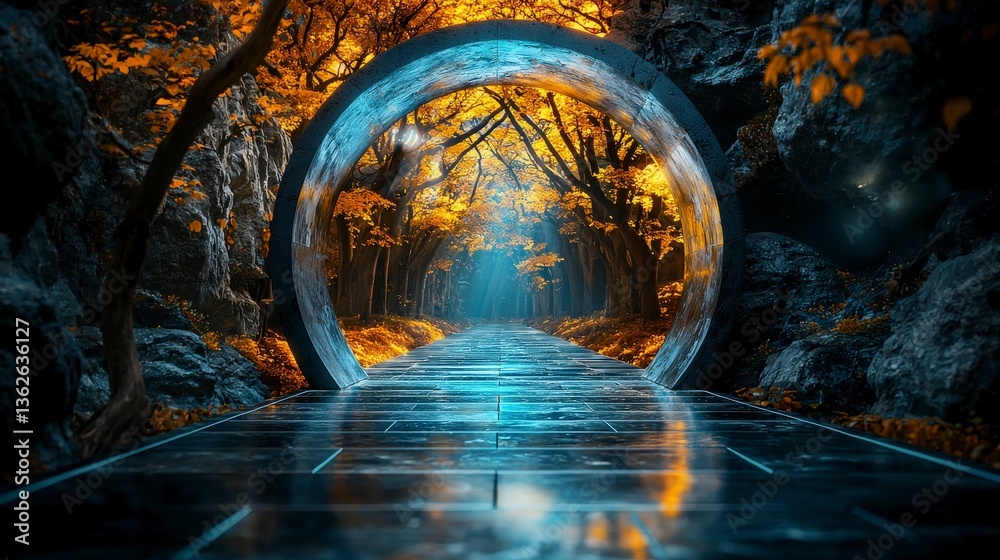 Poster Mysterious portal opens in autumn forest enchanted pathway digital art ethereal atmosphere captivating perspective