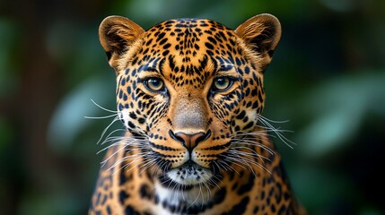 Close-up portrait of a majestic leopard, intense gaze, intricate spots, lush green background
