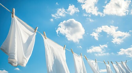 A clothesline filled with freshly washed white clothes, with the bright sky above and a few wisps of clouds creating a serene outdoor scene