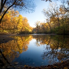 Serene Autumn River Scene with Colorful Foliage and Reflections