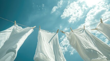 A clothesline with white shirts and sheets hanging in the wind, with a deep blue sky and sunlight illuminating the fabric, creating a serene view