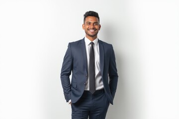 Half-Length (Waist-Up) portrait of young stylish smiling Samoan male model in business wear isolated on pure white background looking at camera