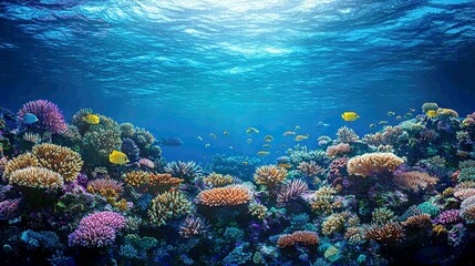 Fototapeta premium Vibrant Coral Reef Underwater Scene: A Stunning Seascape of Marine Life and Biodiversity