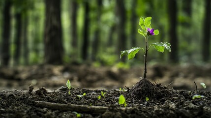 Growth action of a young plant in a forest nature photography vibrant green environment ground view perspective