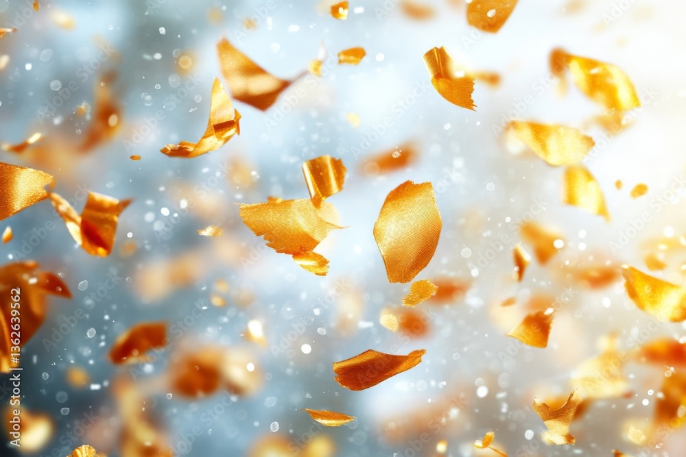 Aufkleber Golden confetti floats in the air during a celebratory event at dusk, creating a vibrant and joyful atmosphere