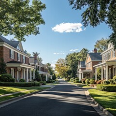 Elegant colonial-style homes lining a wide street, soft green lawns and symmetrical landscaping
