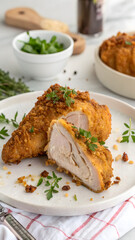 Crispy Golden Fried Chicken Breast with Herbs on a White Plate

