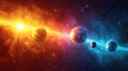 Obraz premium Stunning Cosmic Landscape with Bright Stars, Colorful Planets, and Glowing Nebulae in Deep Space