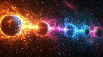 Obraz premium Colorful Cosmic View of Planets in Space with Fiery Effects and Electric Energy Wave in Galaxy Environment