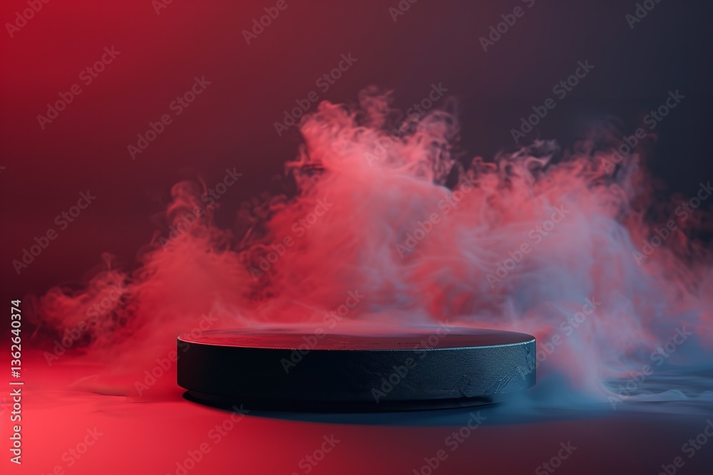 Fototapete a close-up of on a red background with text area a sleek spherical black podium rises out of a misty
