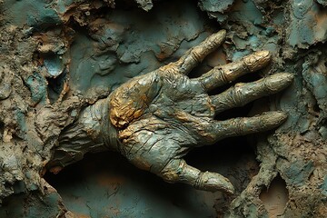 Golden Hand in Mud Sculpture.