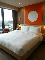 Modern bedroom with a view, clean white linens, bright orange decor