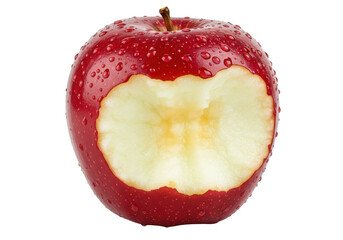 A glossy red apple with a bite taken out of one side isolated on transparent background